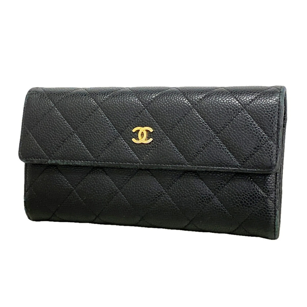 Chanel Matelassé Long Wallet, Caviar Leather, Black, Women's OP016438